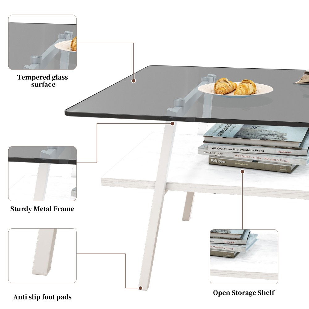 Gray Glass Rectangle Coffee Table, White Metal Legs