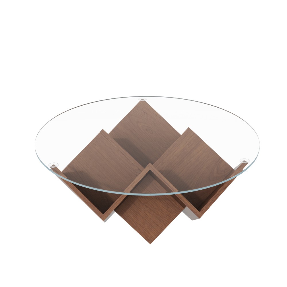 Round Coffee Table with Glass Top, Art Deco Base & Storage Shelves, Walnut