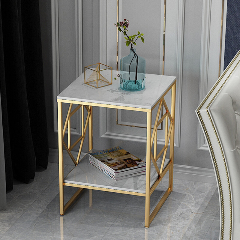 2 Tier Bed Side Accent Marble Table Living Room End Table Glossy Gold Nightstand