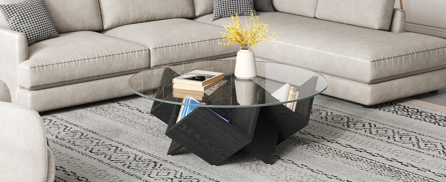 Round Coffee Table with Tempered Glass Top and Geometric Art Deco Storage