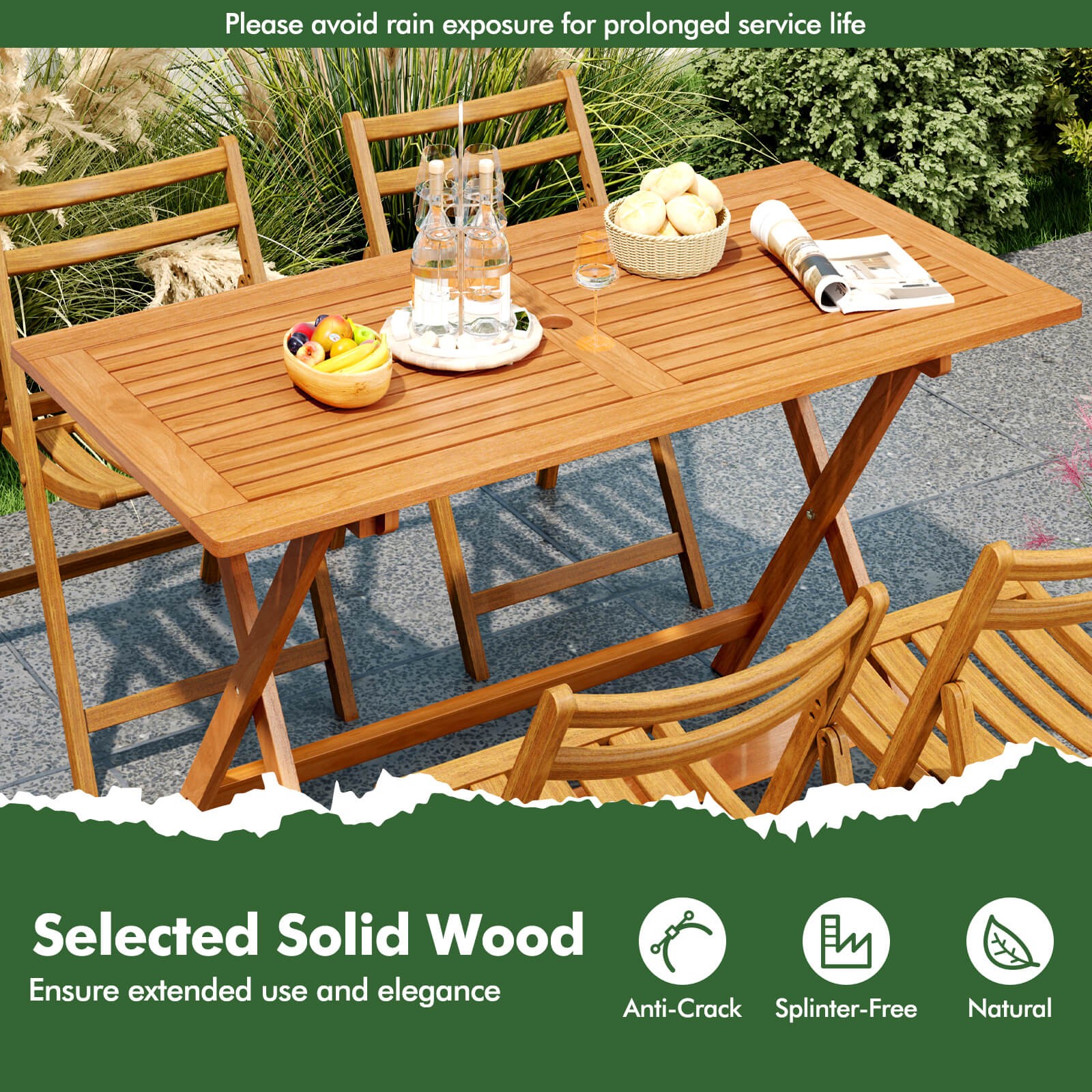 54.5″ x 27.5″ Patio Dining Table w/ Teak Painting 2″ Umbrella Hole for Balcony