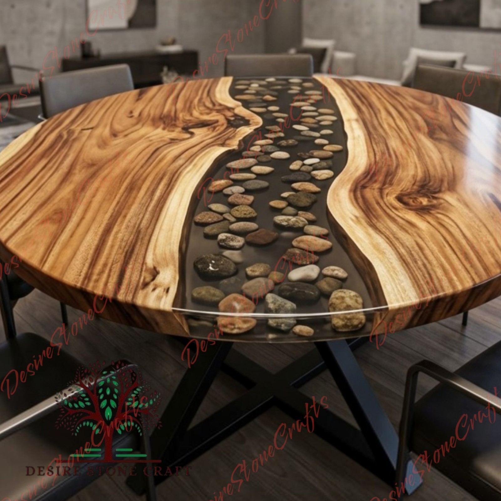 Luxury Black Resin River Stone Round Dining Table Live Edge Wood Epoxy Table