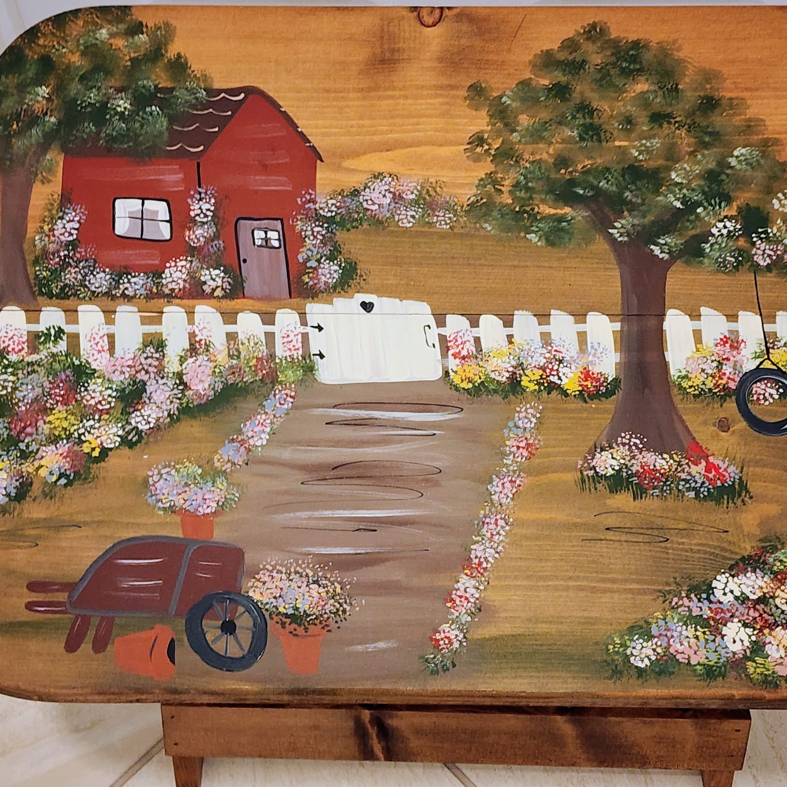 Vintage Country Folk Art Hand Painted Wooden Folding Collapsible Side Table