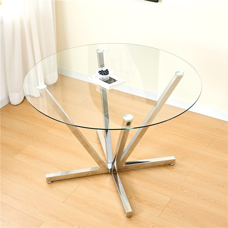 Round Tempered Glass Dining Table Home Kitchen Table W/ Chrome Plated Metal Legs