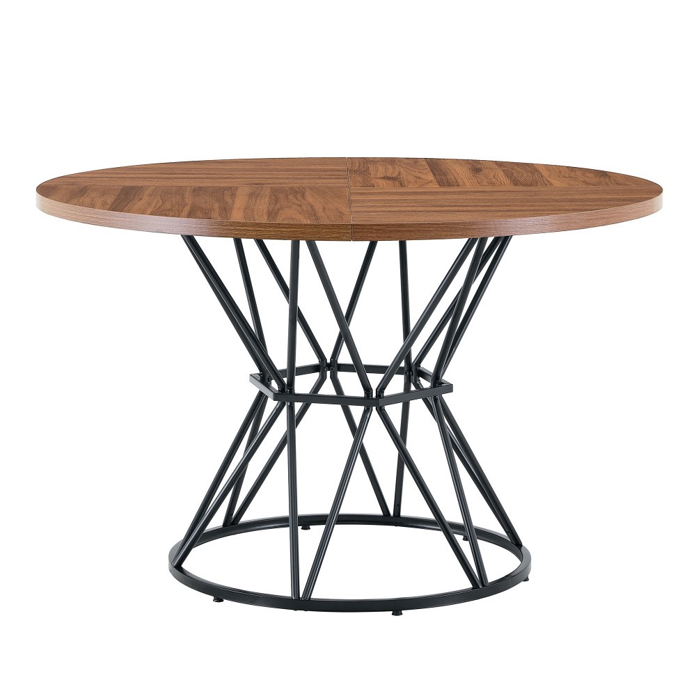 47.3″ Circular Dining Table, Walnut MDF Top, Black Hourglass Metal Base, for 4-6
