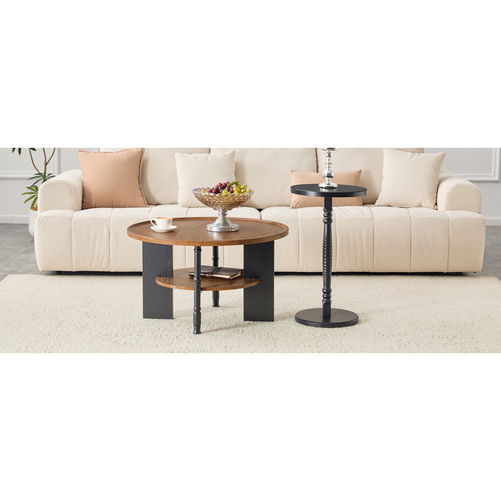 Round Coffee Table Side Table 2 Piece Set with Storage Shelf PVC Surface MDF