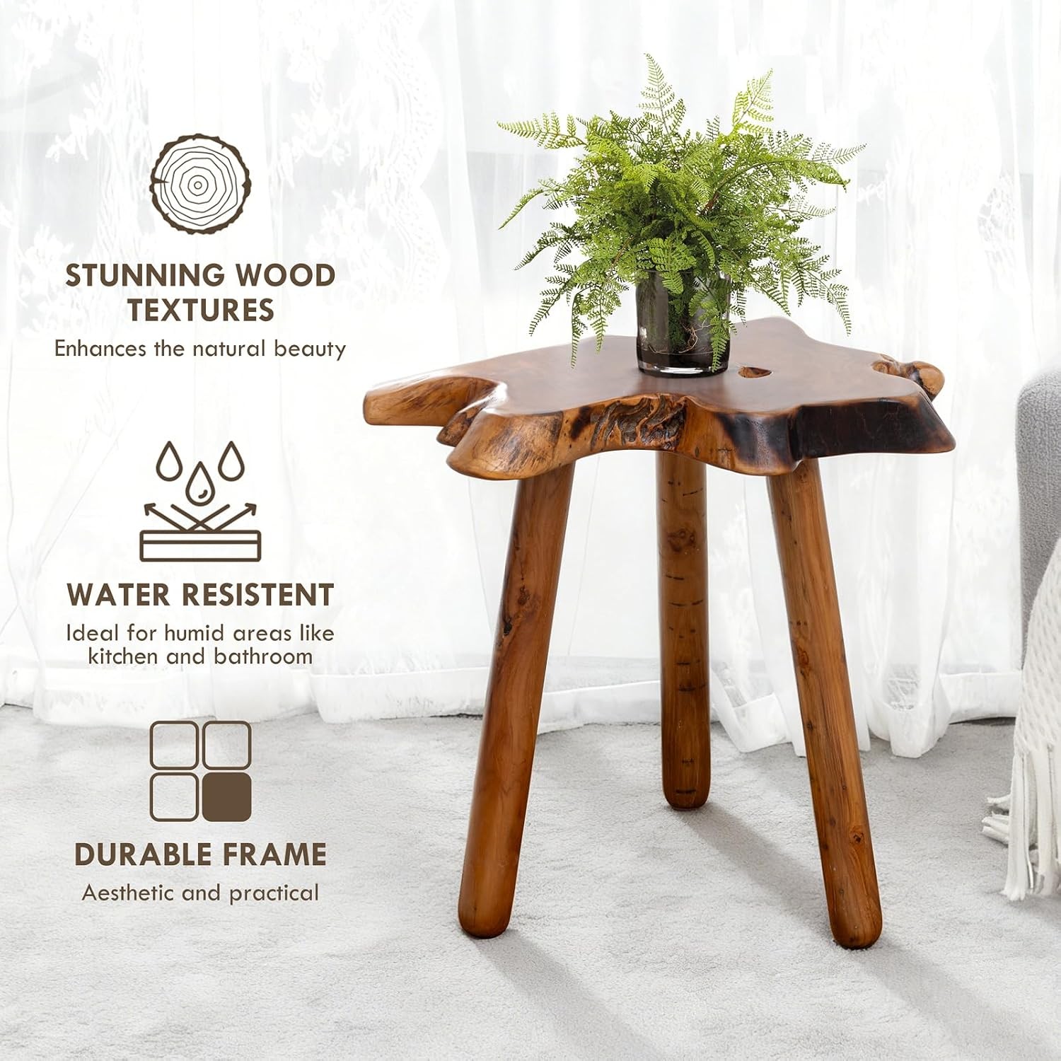 Teak Live Edge Solid Wood Wooden Side Table for Living Room Bed End Table