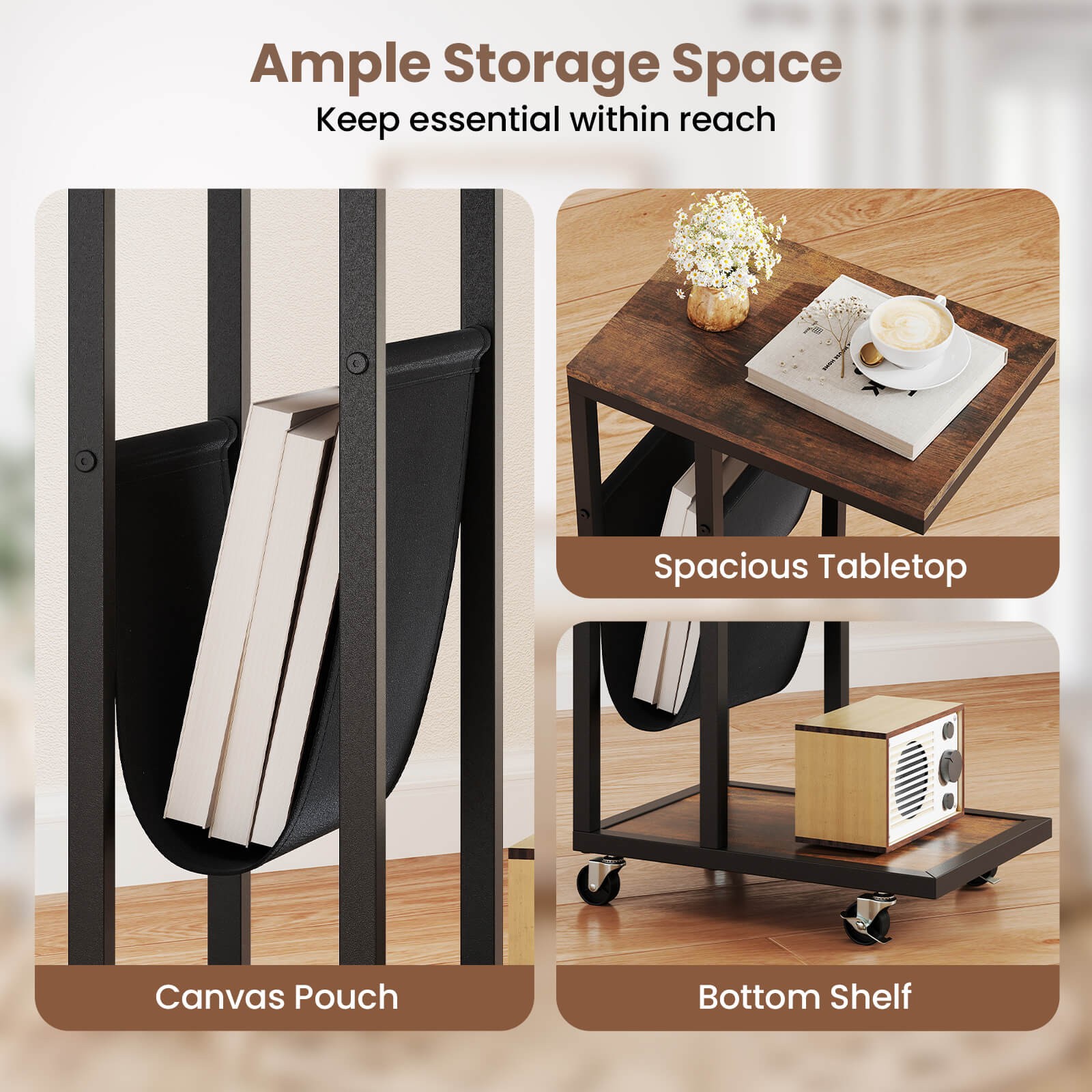 C-shaped Side Table 2-tier Sofa Couch Table w/ Canvas Storage Pouch Brown