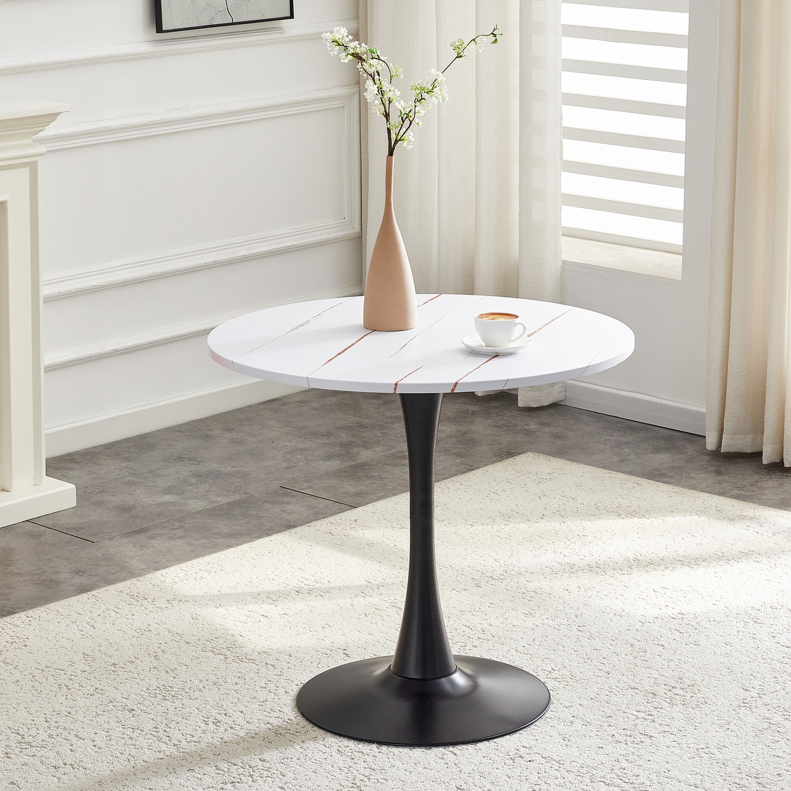 31.5″ Round Tulip Dining Table White MDF Top Metal Pedestal Base