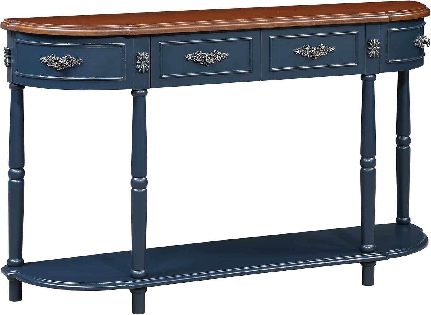 52″ Retro Curved Console Table, Wood Sofa Table with Open Shelf and 2 Drawers