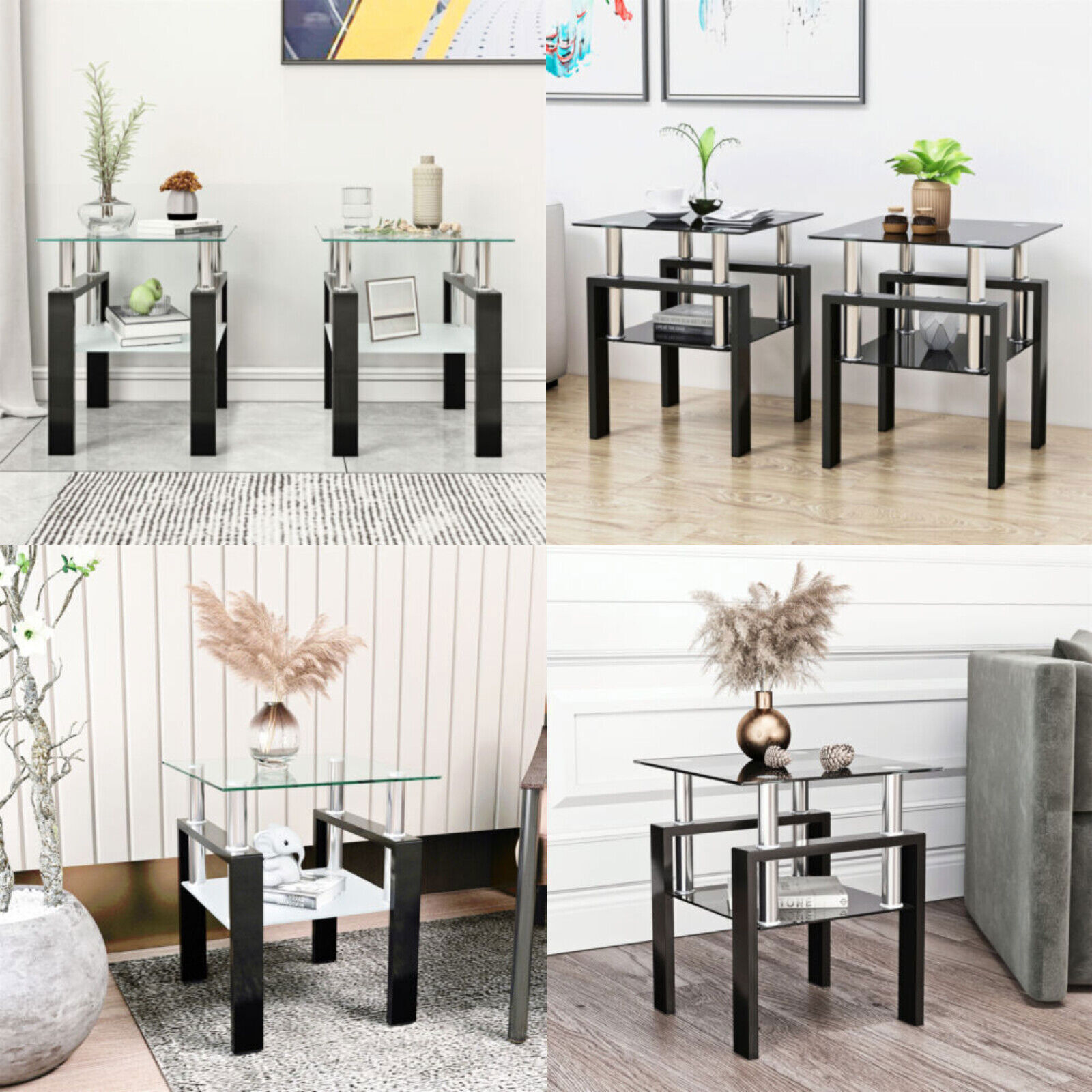 Modern Tempered Glass Set of 2 Coffee Table Tea Table Square Table End Table