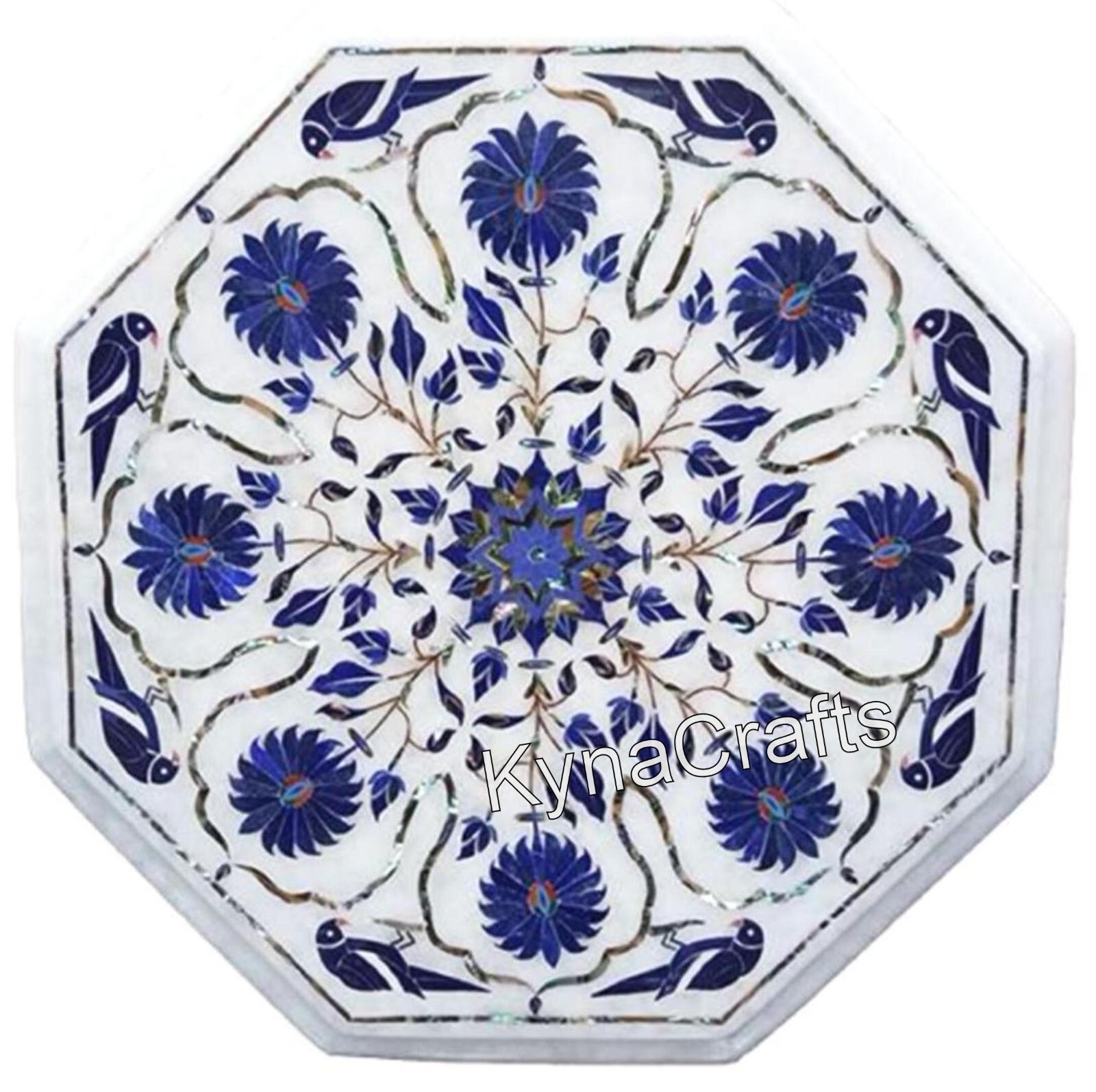 Lapis Lazuli Stone Inlay Work End Table for Office White Marble Coffee Table Top