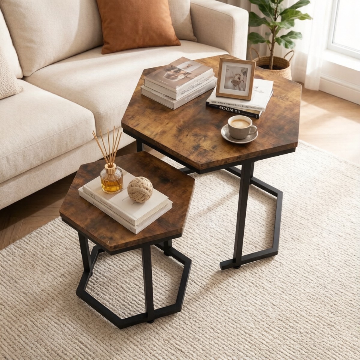 2pcs MDF Board Side End Table Nested Table Metal Frame Coffee Table Nightstands