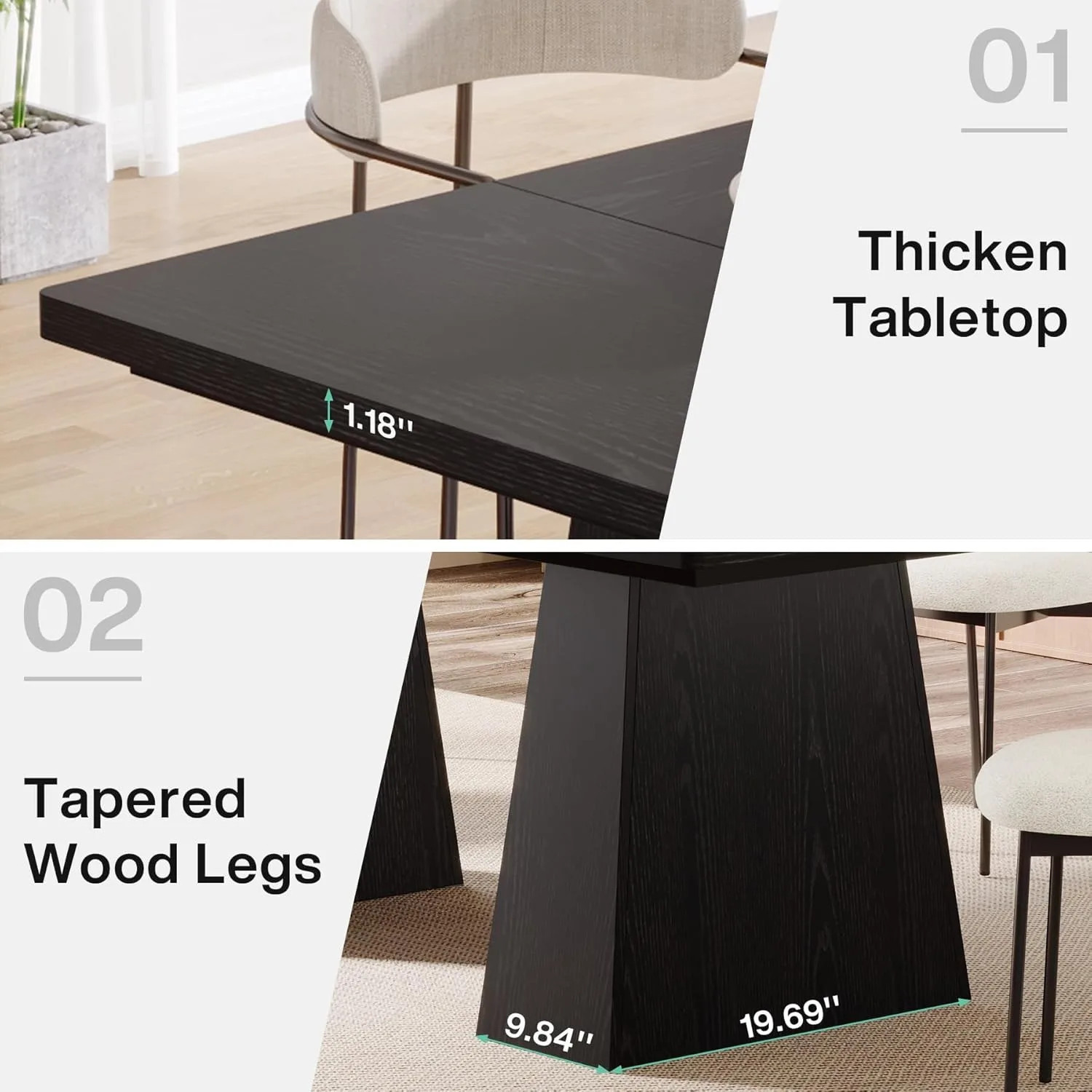 Black Dining Table For 4-6 Modern Kitchen Table Wood Legs Living Room 47 Inch