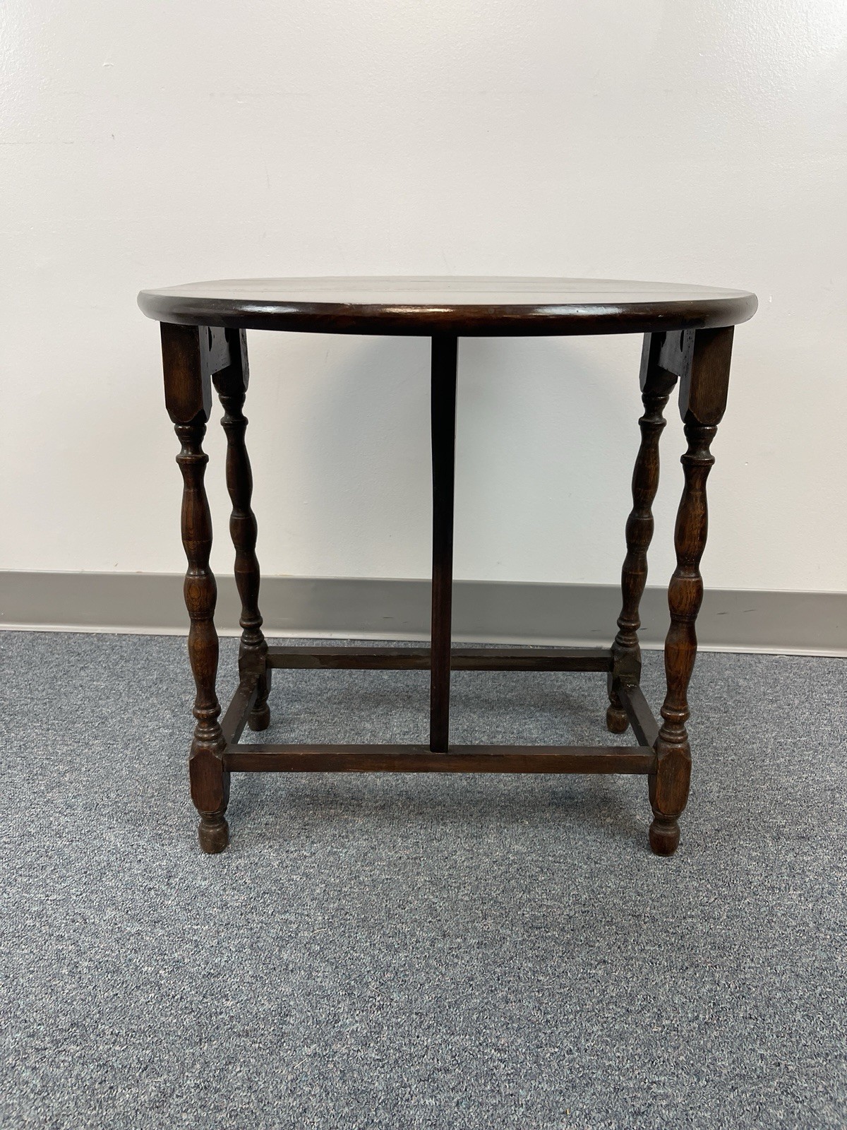 vintage Wood Square to Round Table with Fold Down Wings & Spool Legs – 21.25″ hi
