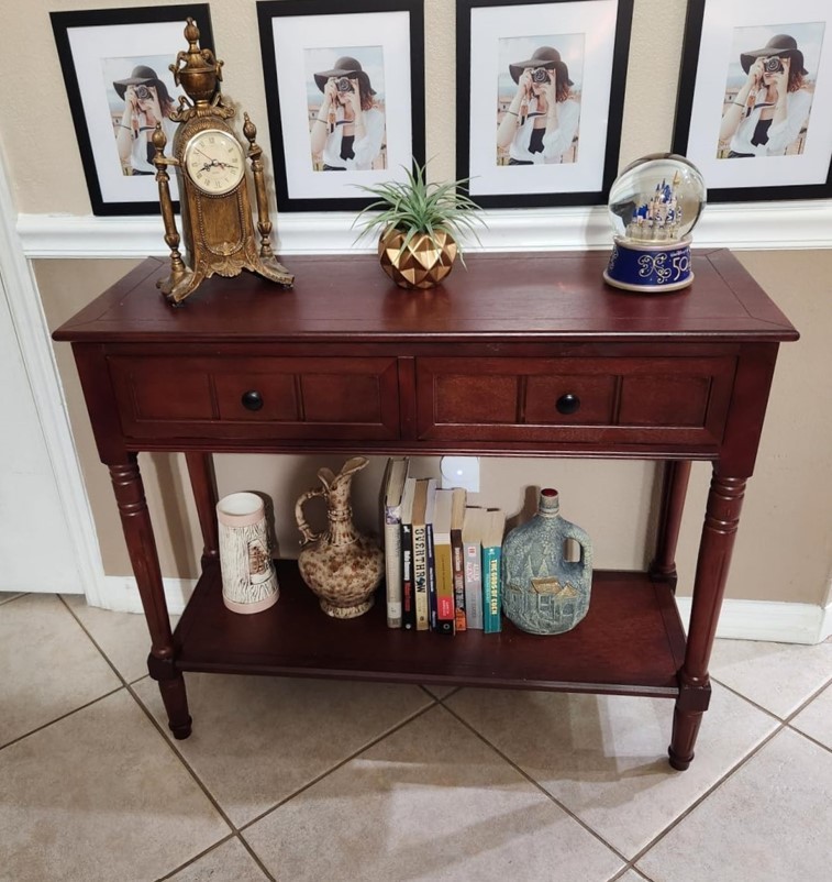 Cherry Brown Pine Wood Console Table Hallway Sofa Accent with Storage Drawers