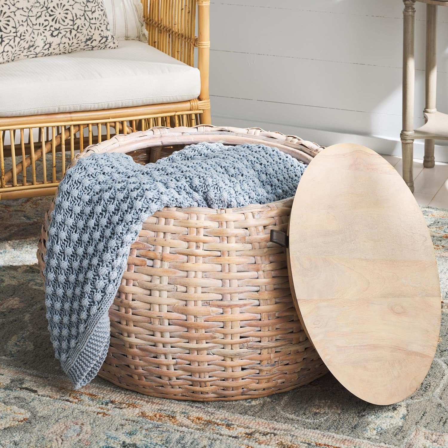 Klarysa Natural White Wash Wood & Rattan Stylish Storage Coffee Table