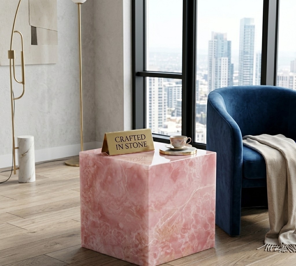 Luxury Pink Onyx Side Table | Natural Stone Cube Pedestal Plinth Display Stand