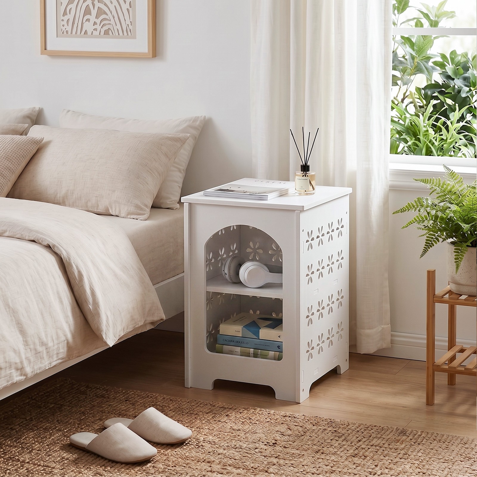 Small Side Table Living Room Bedroom PVC Bedside with Storage Rack for Indoor