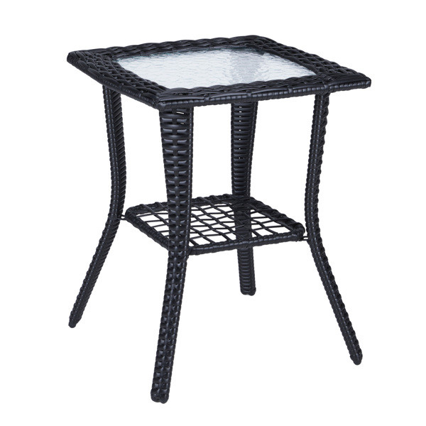 Glass Top Wicker Patio End Table 2-Tier Storage Side Table Indoor Outdoor Use