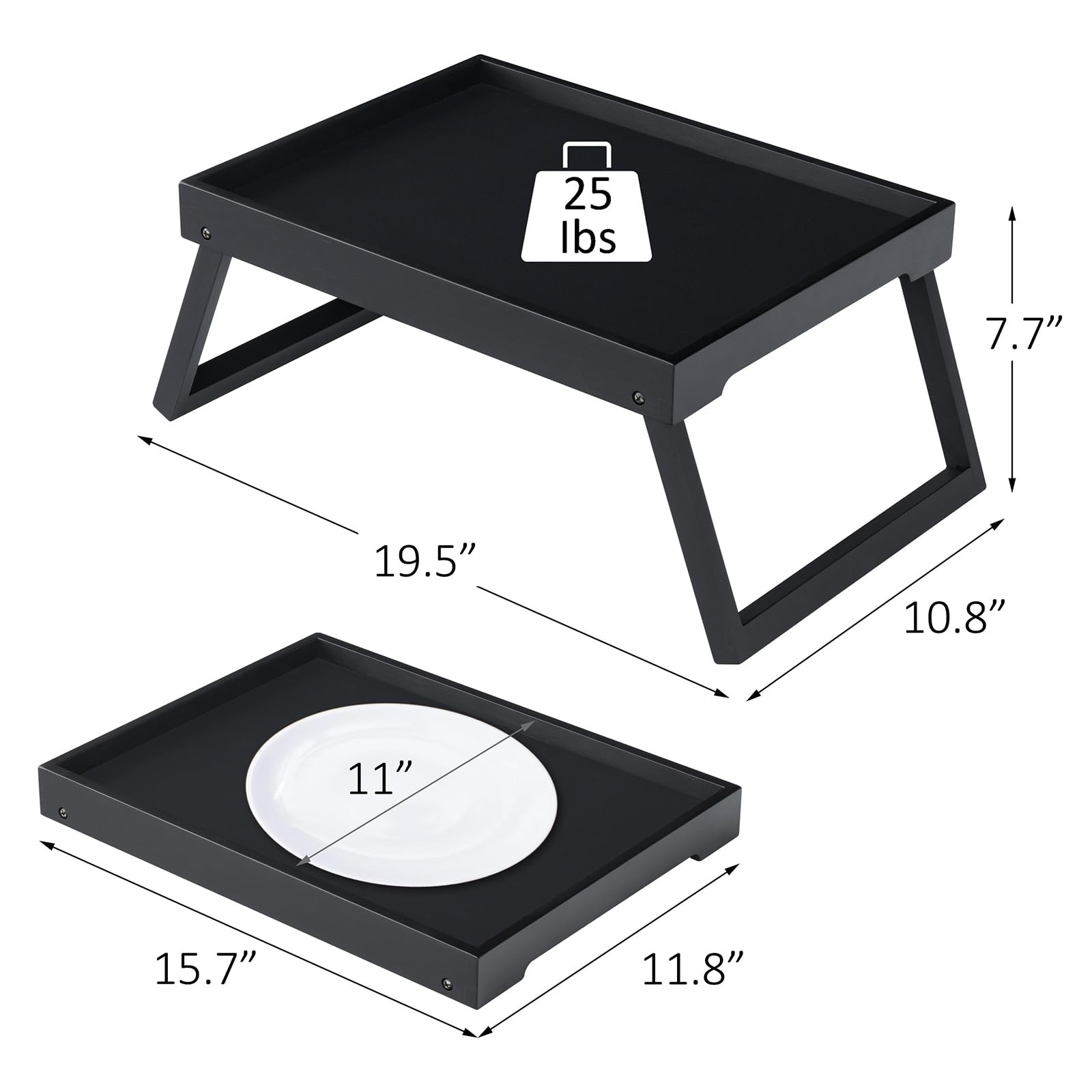 RRX Bed Tray Table with Folding Legs, Breakfast 15.8″ x 11.8″ x 1.6″, Black
