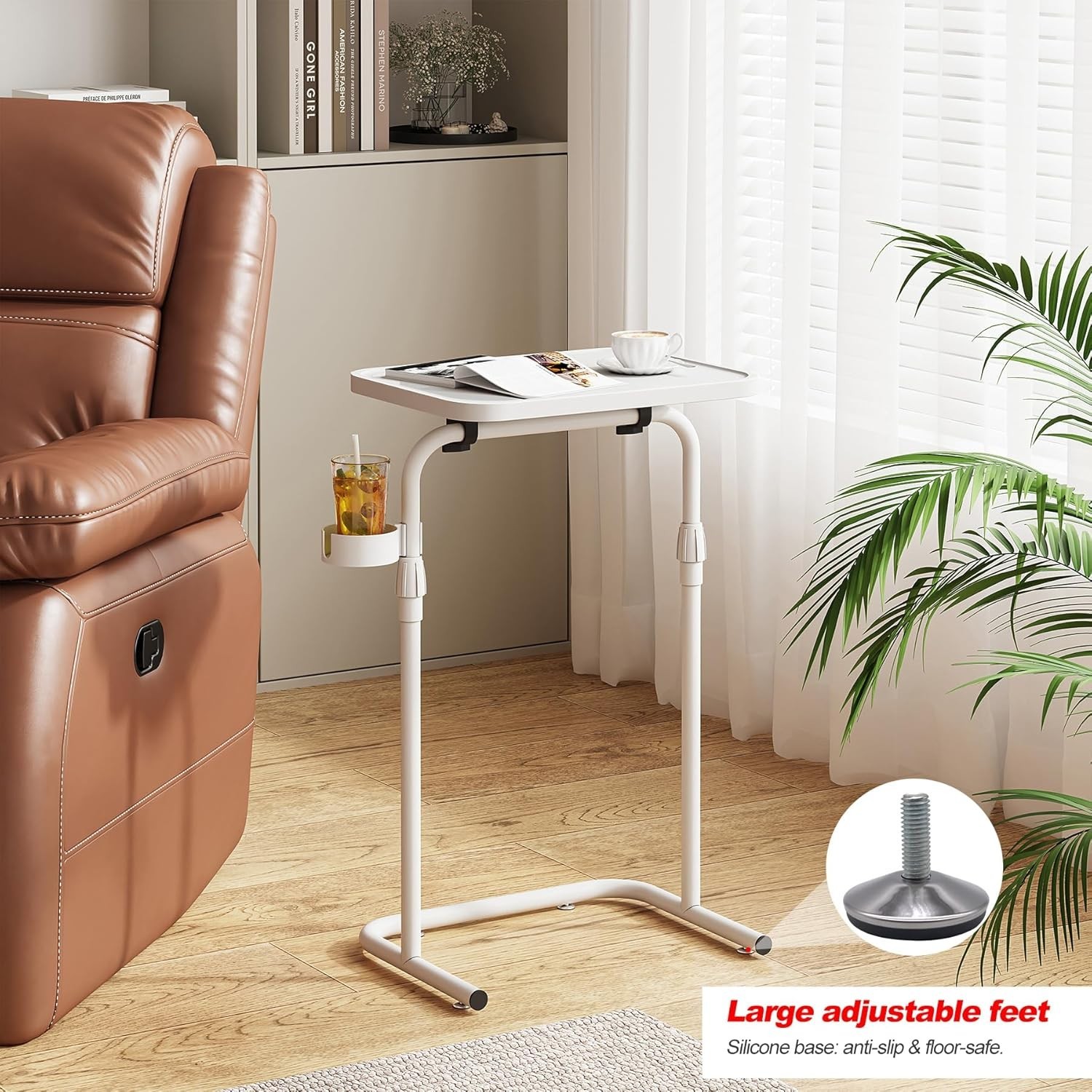 Stylish White C-Shaped Couch Table – Adjustable Height and Space-Saving Design