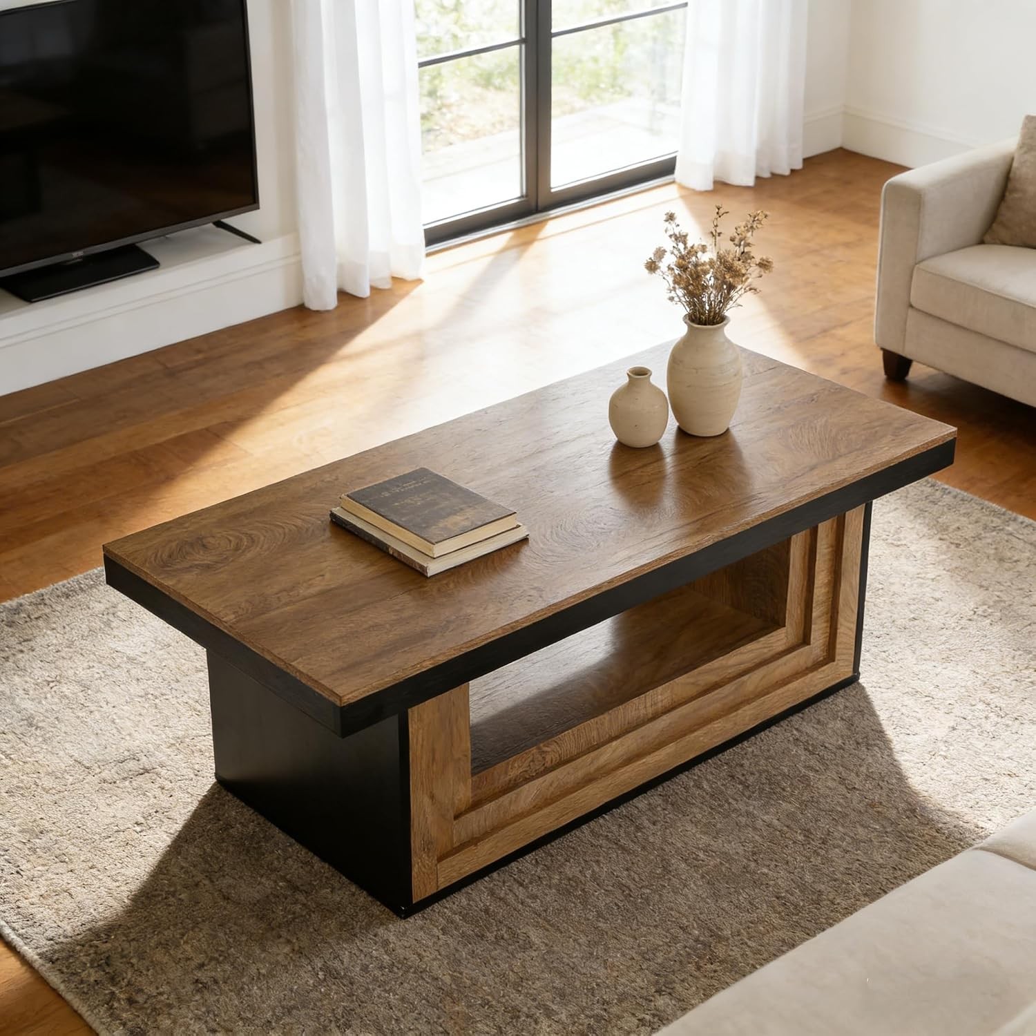Rectangular Open Storage Coffee Table 120cm Rustic Ribbed Center Table w/ Shelf