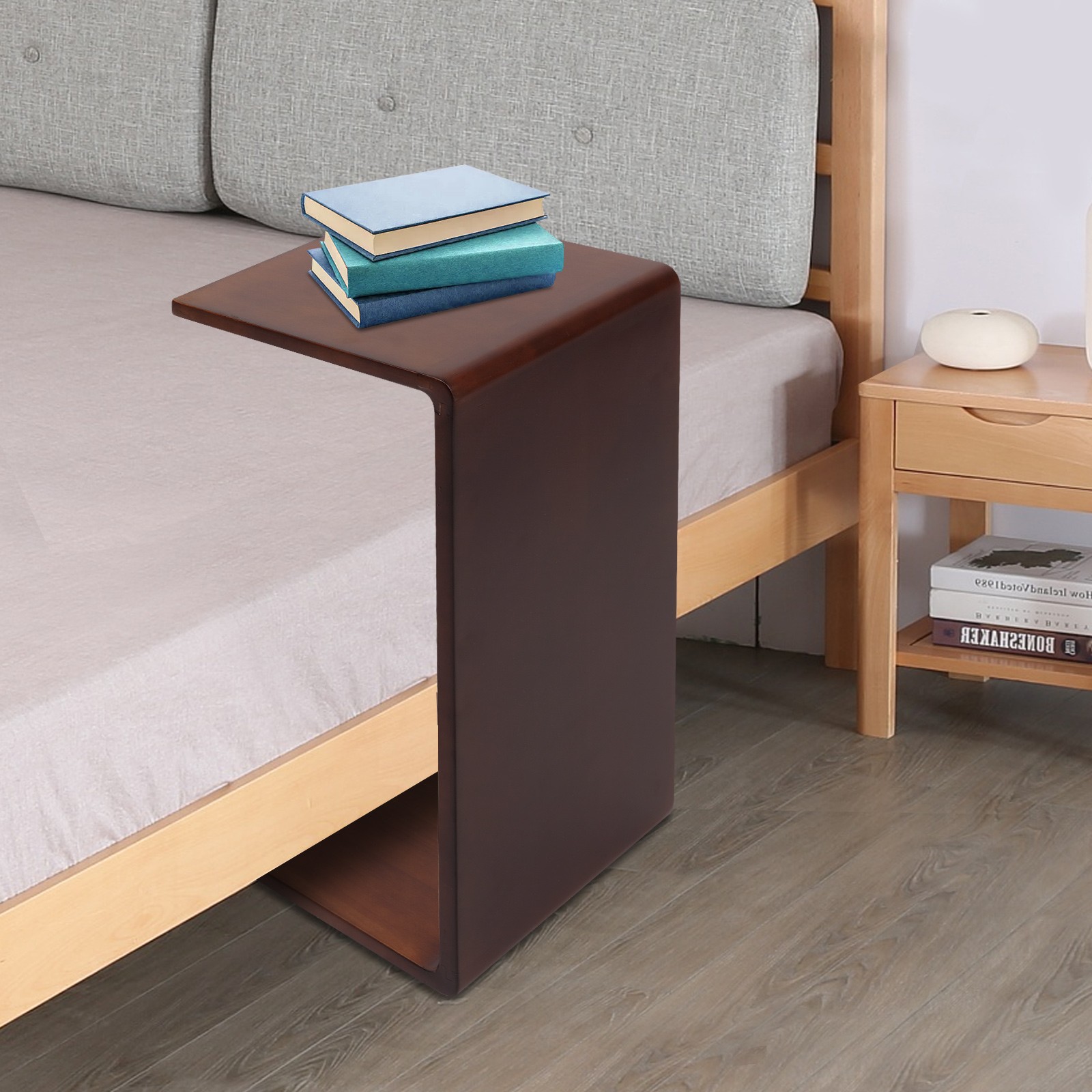12*12*24in Free Standing Wood End Table C Shaped Sofa Side Table Walnut Brown