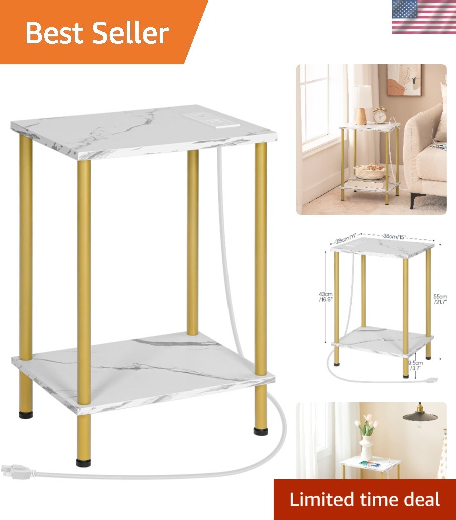 Modern 2-Layer Side Table with Gold Finish and Built-in Charging for Any Room