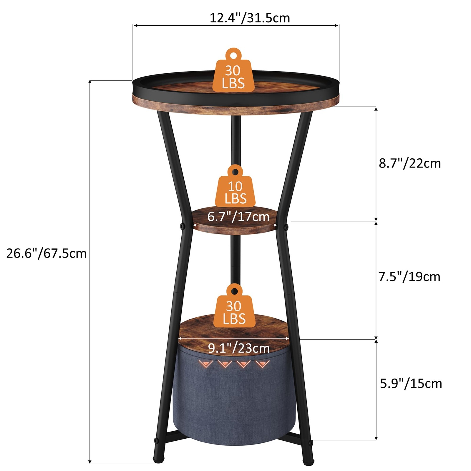 Round Side Table, Small Drink Table for Small Spaces, 3Tier Industrial End Ta…