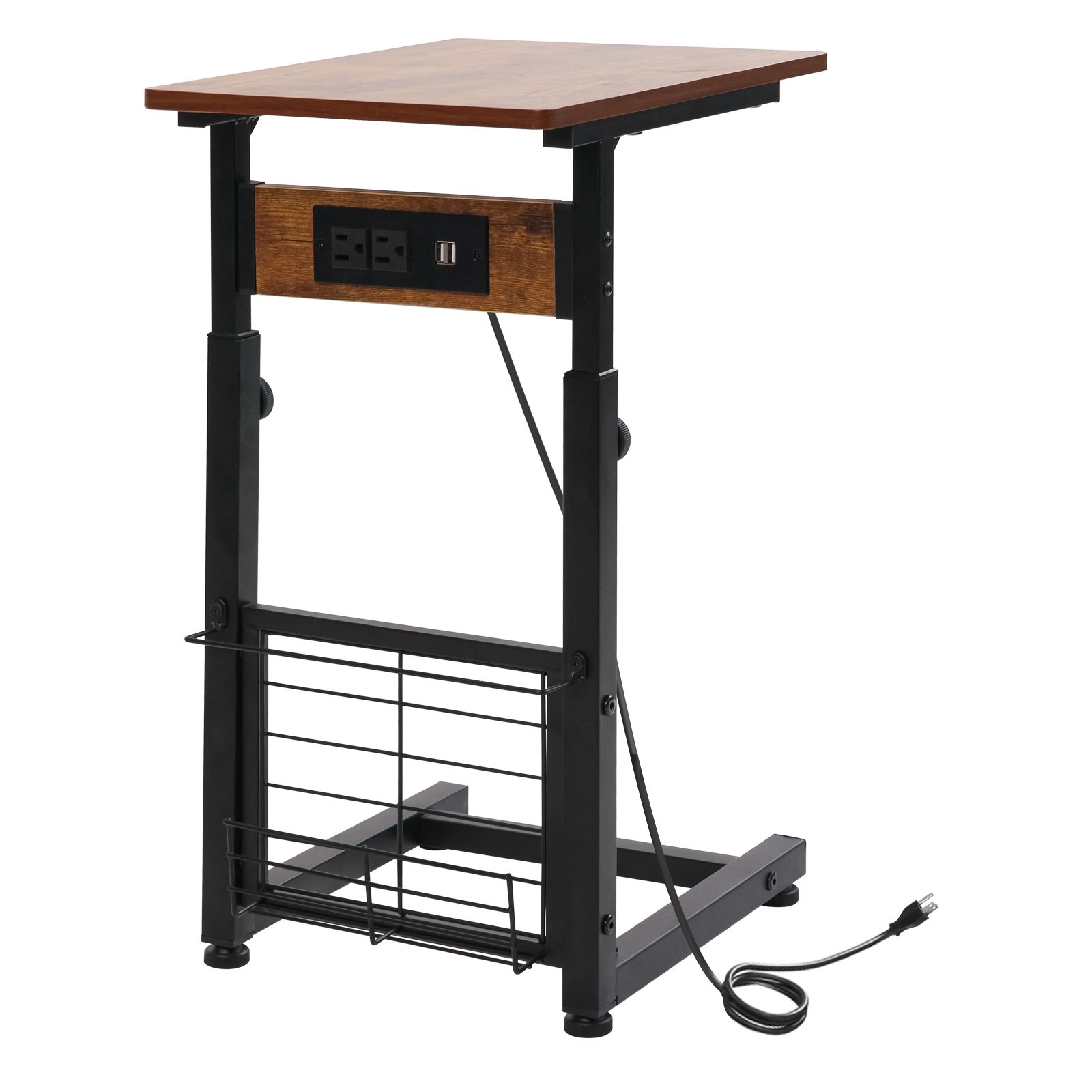 C-Shaped End Table Sofa Couch Side Table Adjustable Height with Charging Station