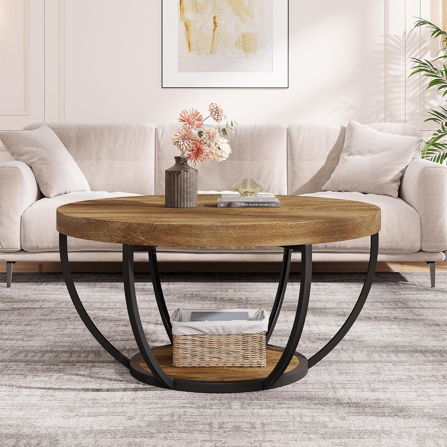 2-Tier Round Coffee Table Industrial Circle Wooden Center Table For Living Room