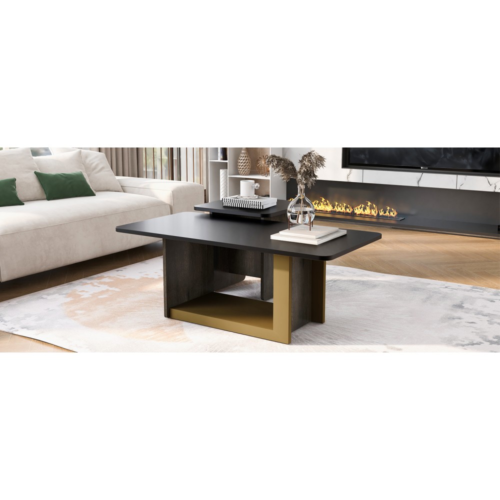 Modern Square Coffee & End Table Set of 2, Black, for Living Room, MDF & Metal