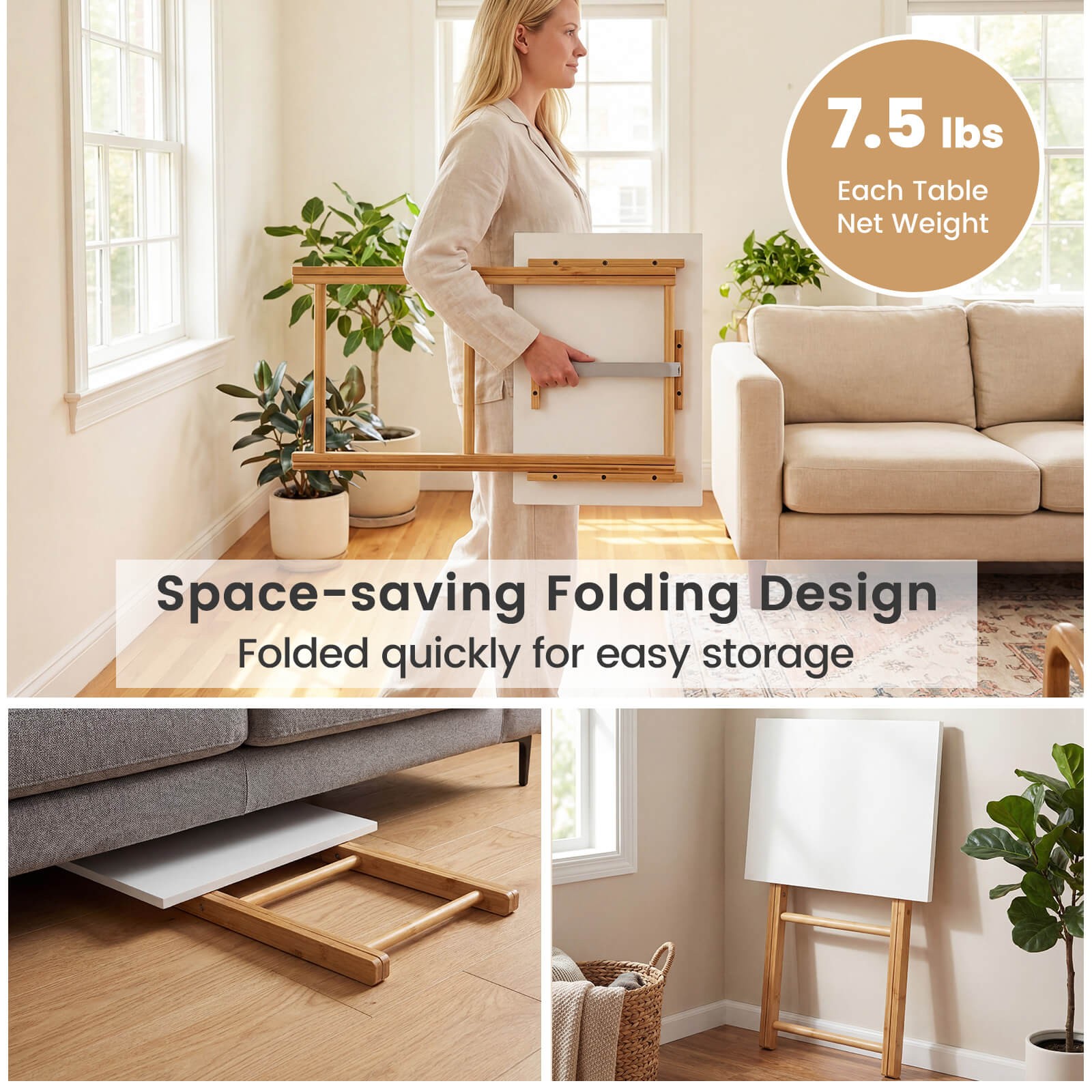 Folding TV Tray Tables Set of 2, Bamboo Snack Table for Small Spaces Bedroom