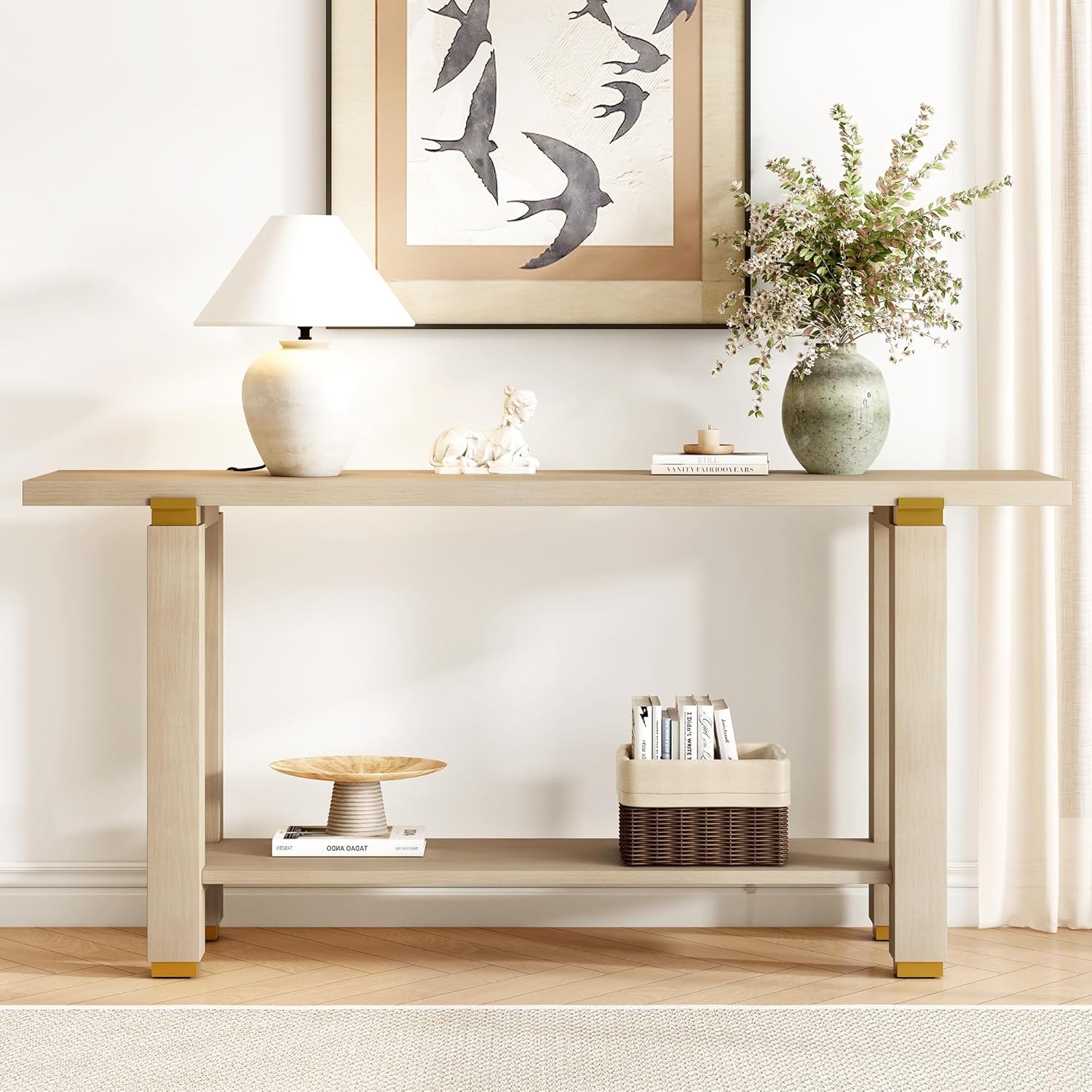 Minimalist Console Table, Solid Wood Entryway Table w/Shelf and Metal Accents