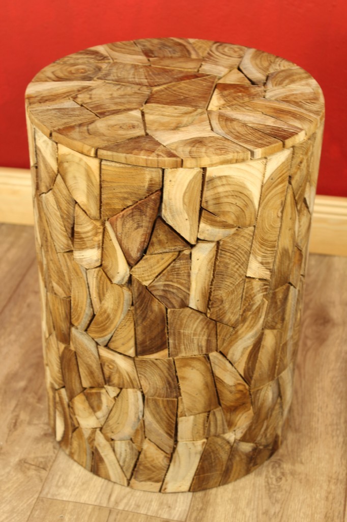 Kinaree Teak Mosaic Round Side Table Cylinder Handmade Flower Stand, Unikat