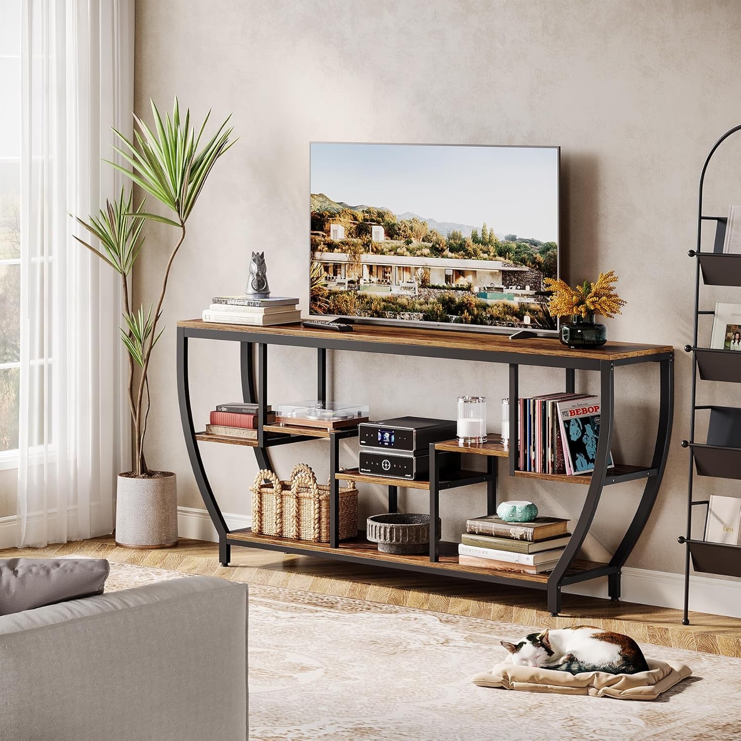TV Stand for Televisions up to 80 Inches, Wood TV Media Console Table Unit-Brown