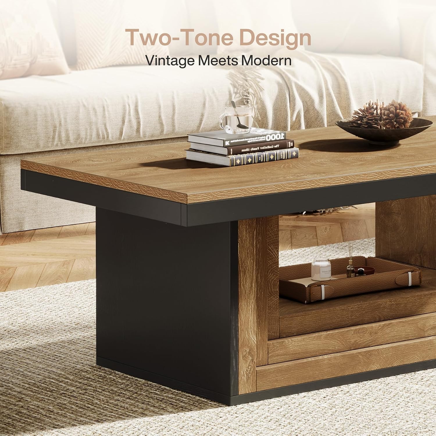 Rectangular Open Storage Coffee Table 120cm Rustic Ribbed Center Table w/ Shelf
