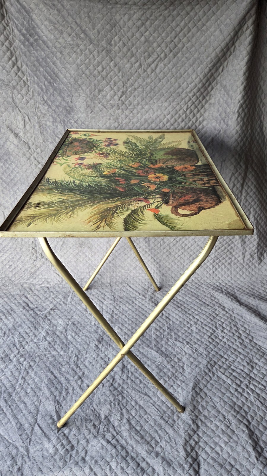 Vintage Folding TV Trays Beige Floral MCM Metal & Fiberboard Nel Cary