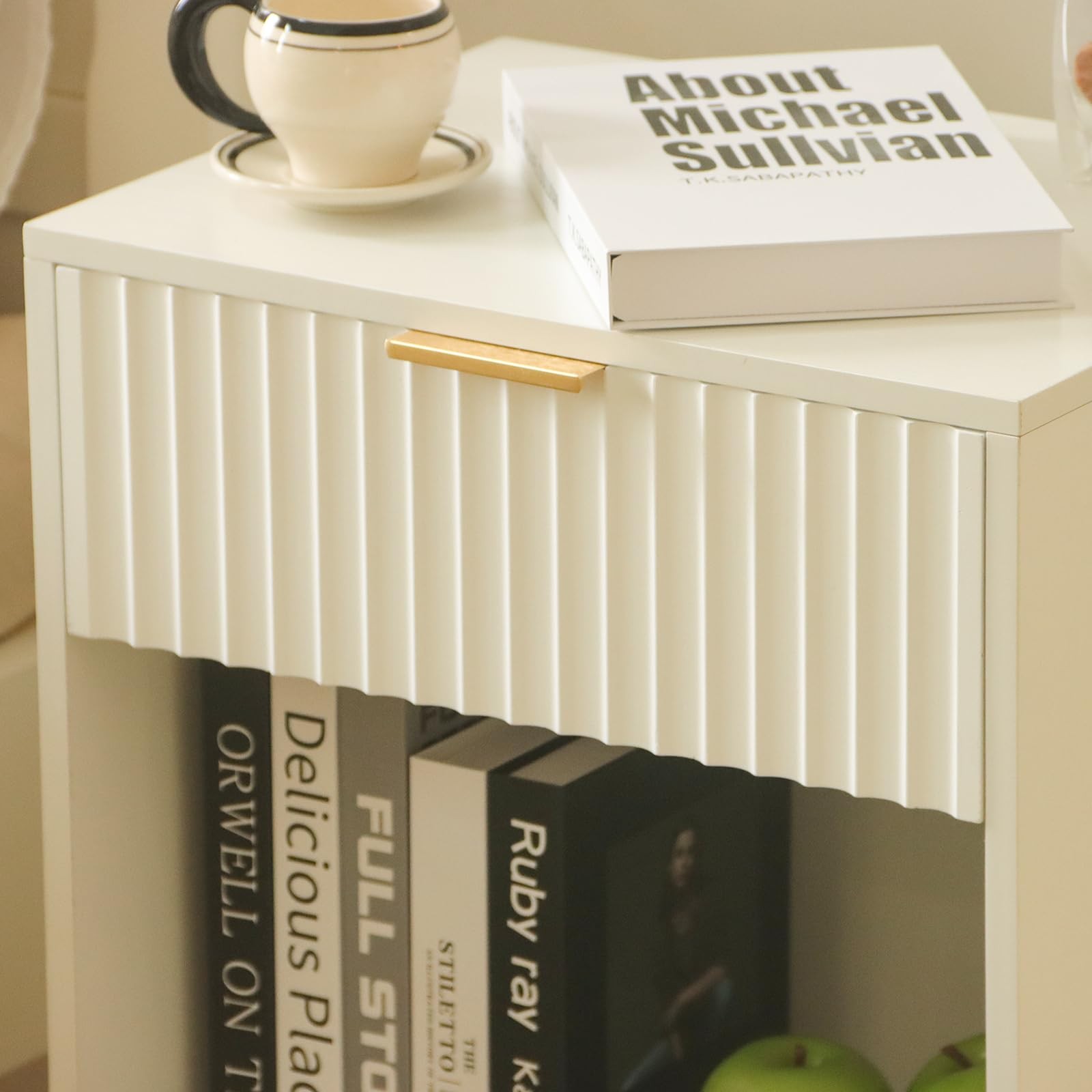 White Nightstand, Modern Bedside Table with Drawer and Open Storage, Fluted E…