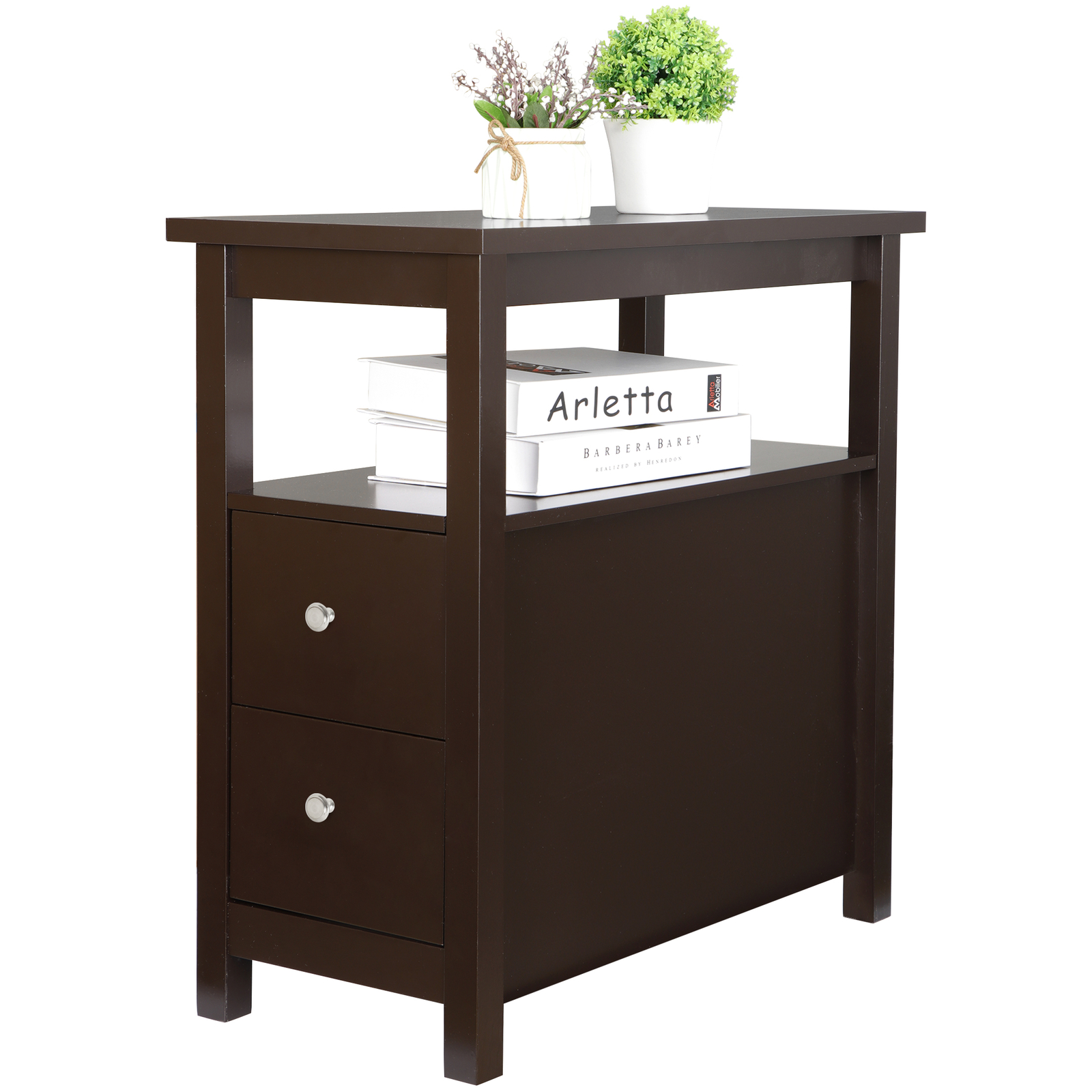 Brown End Table with 2 Drawer and Shelf Narrow for Living Room