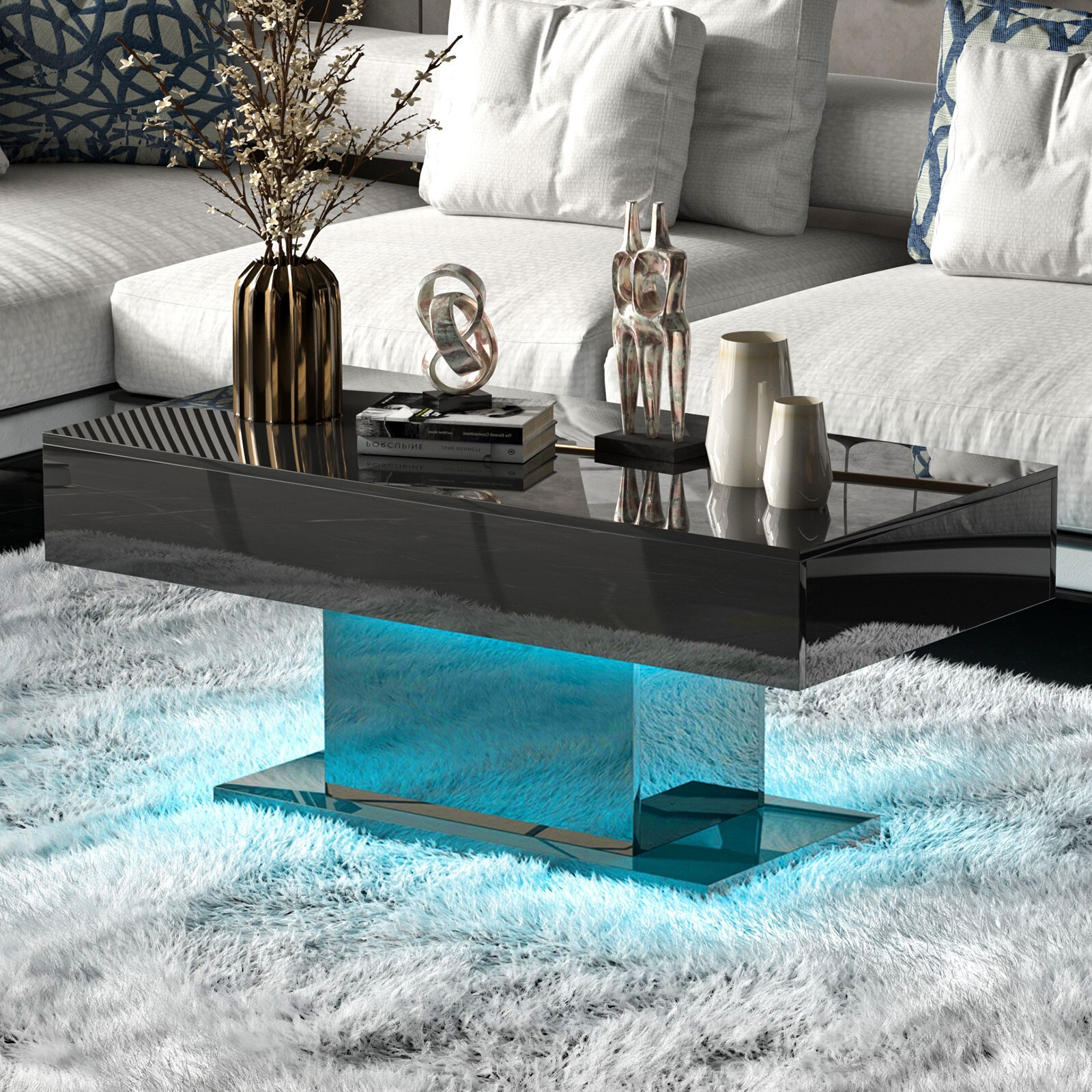 High Glossy Led Coffee Table Living Room Table Rectangular Center Table Black