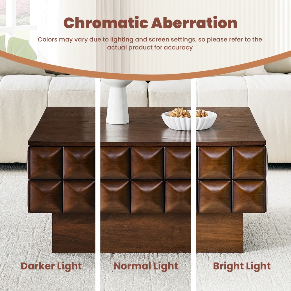 32.7″ Square Walnut Coffee Table – 3D Cube-Textured Wrap, Ash Veneer Top