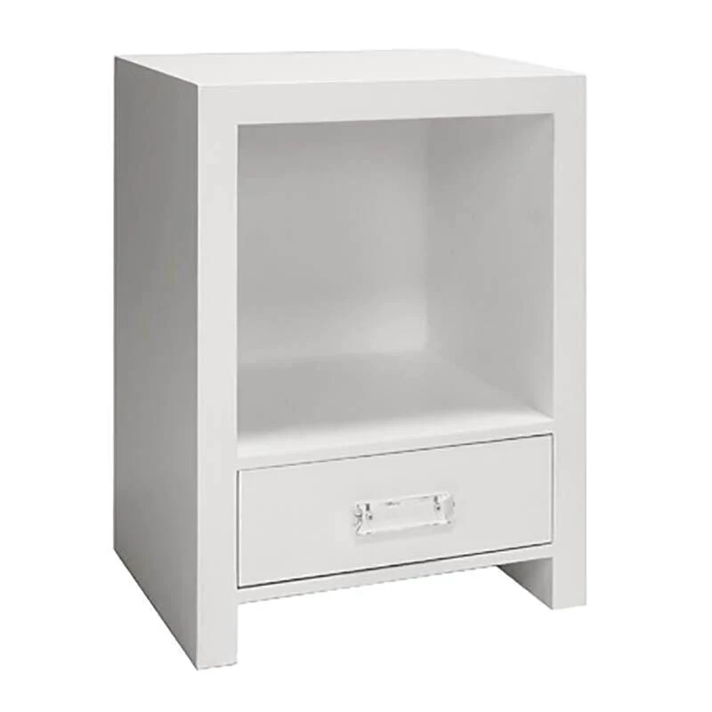 Worlds Away Winnie Side Table Burl Wood White Lacquer Nightstand Acrylic Hardwar