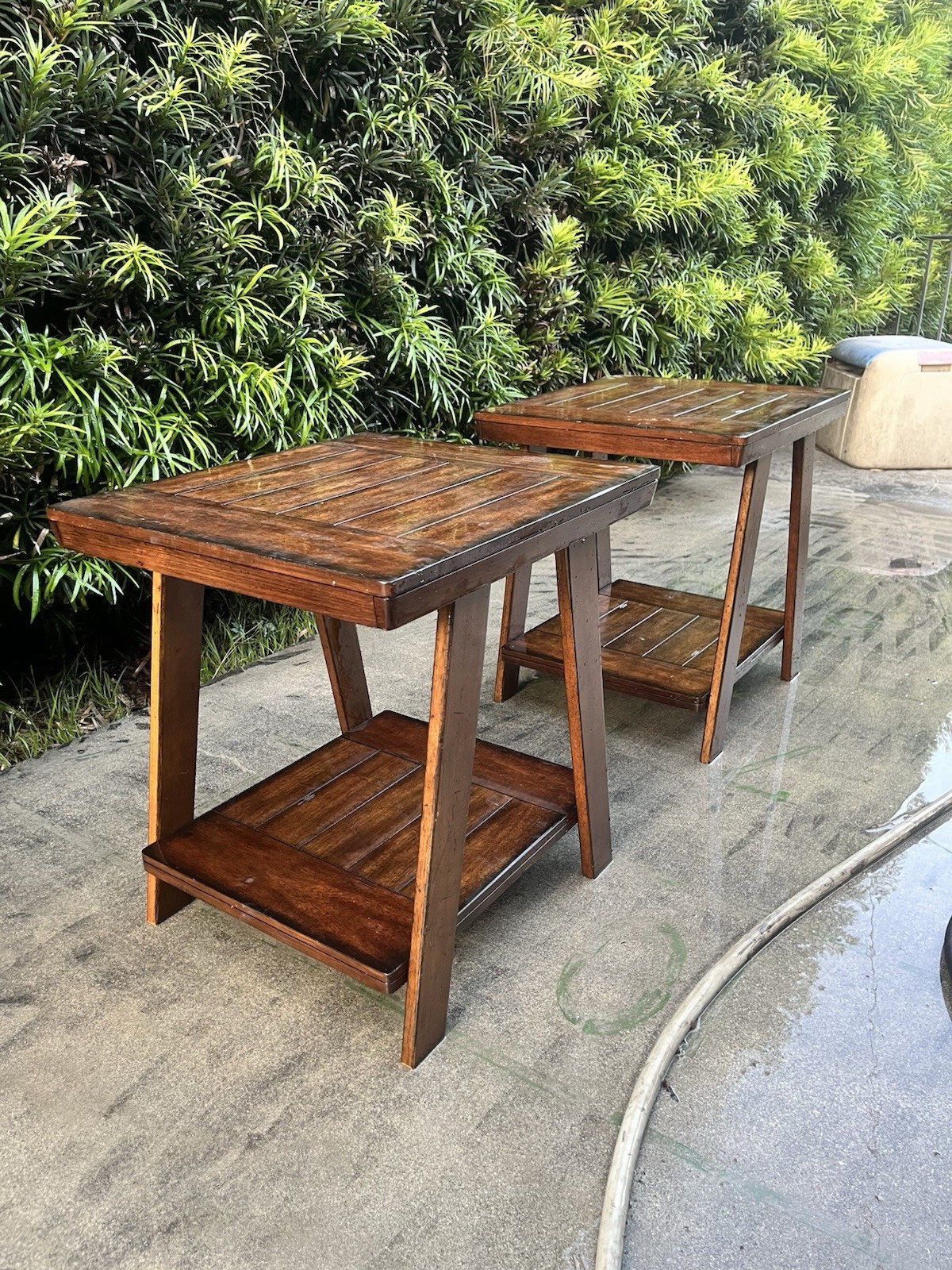 Set of 2 Brown Medium Wood Square End Side Tables w/ Lower Shelf