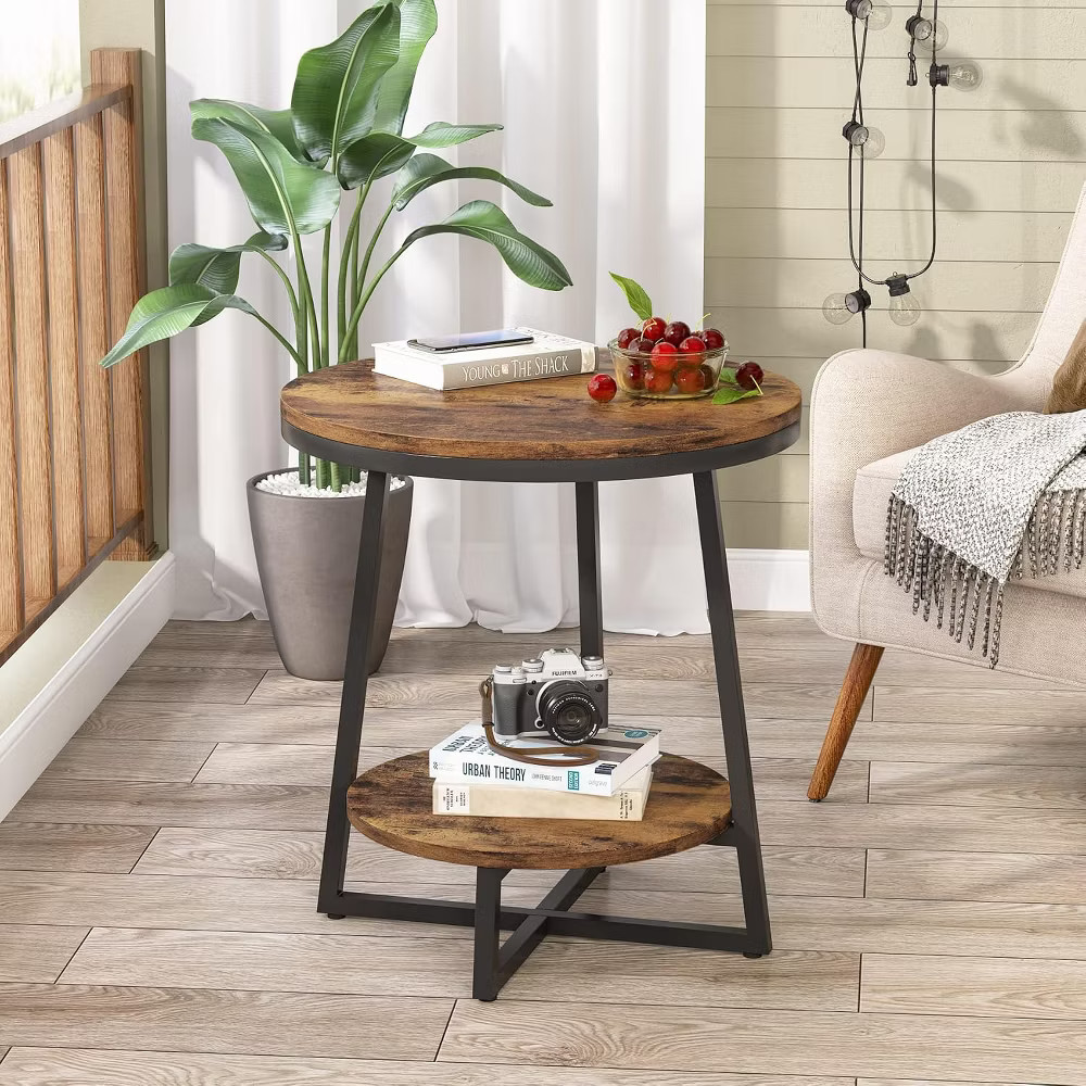 Tribesigns 2pcs 2-Tier Round Side Table with Storage Shelf, Rustic Brown