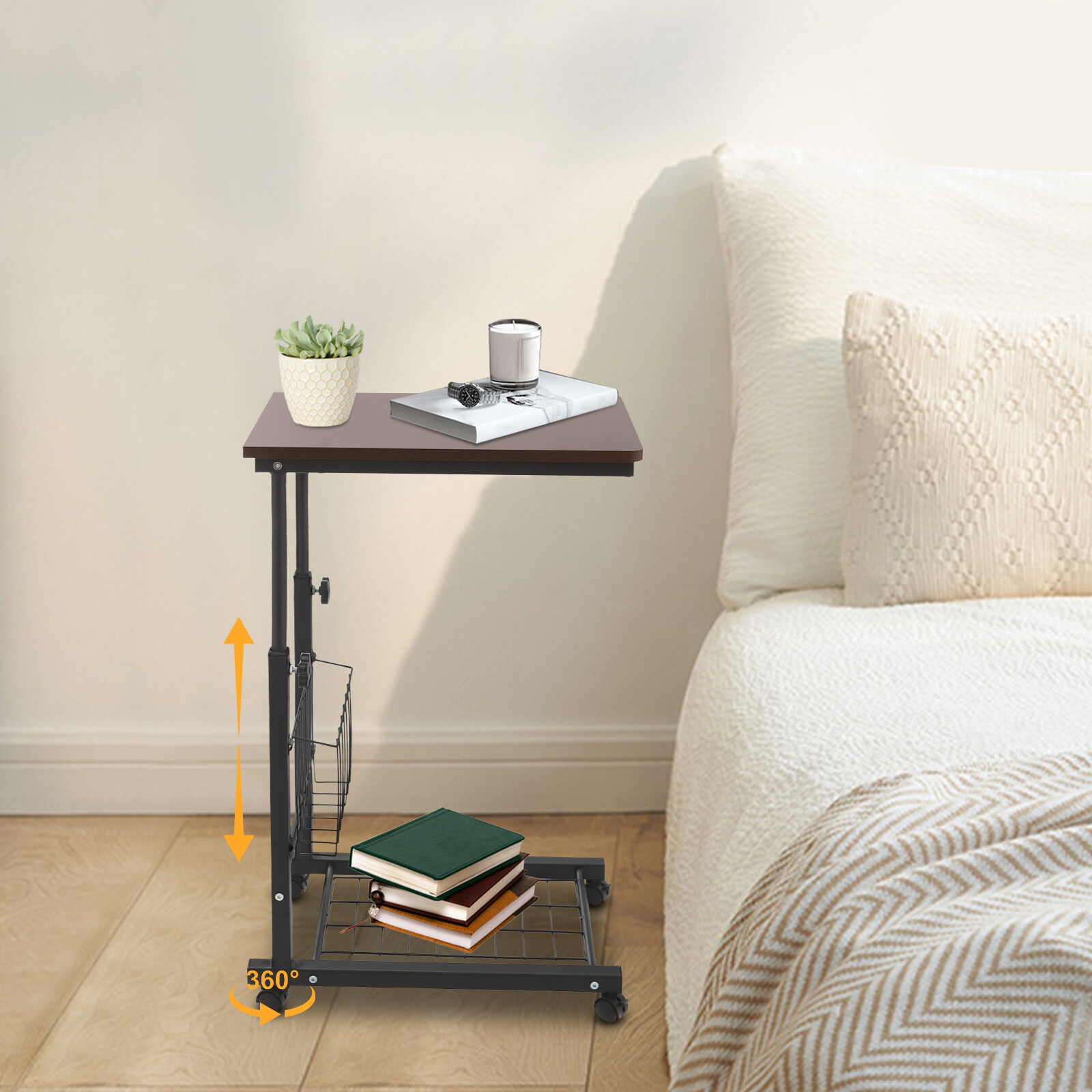 2 Tiers Red Walnut Color Mobile Standalone Adjustable Bed Side Table w/ Wheels