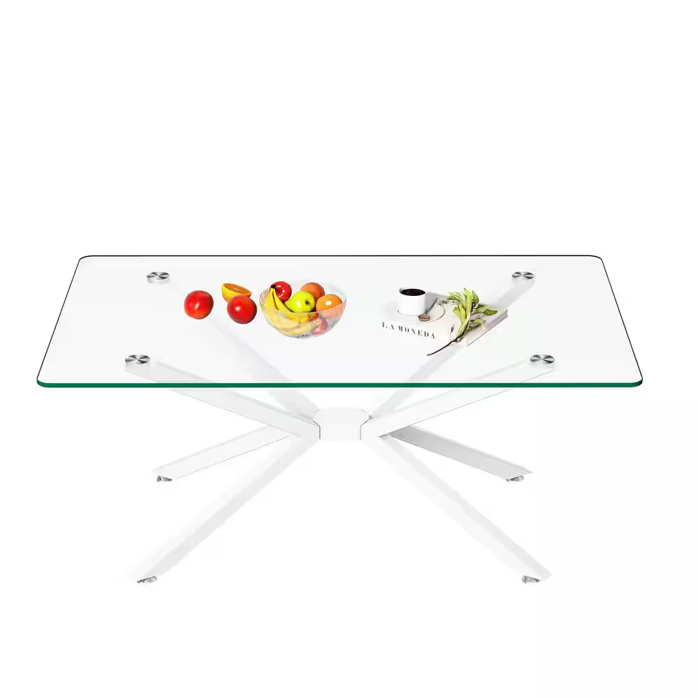 Modern Living Room Center 39 In. White/Clear Rectangle Tempered Glass Coffee Tab