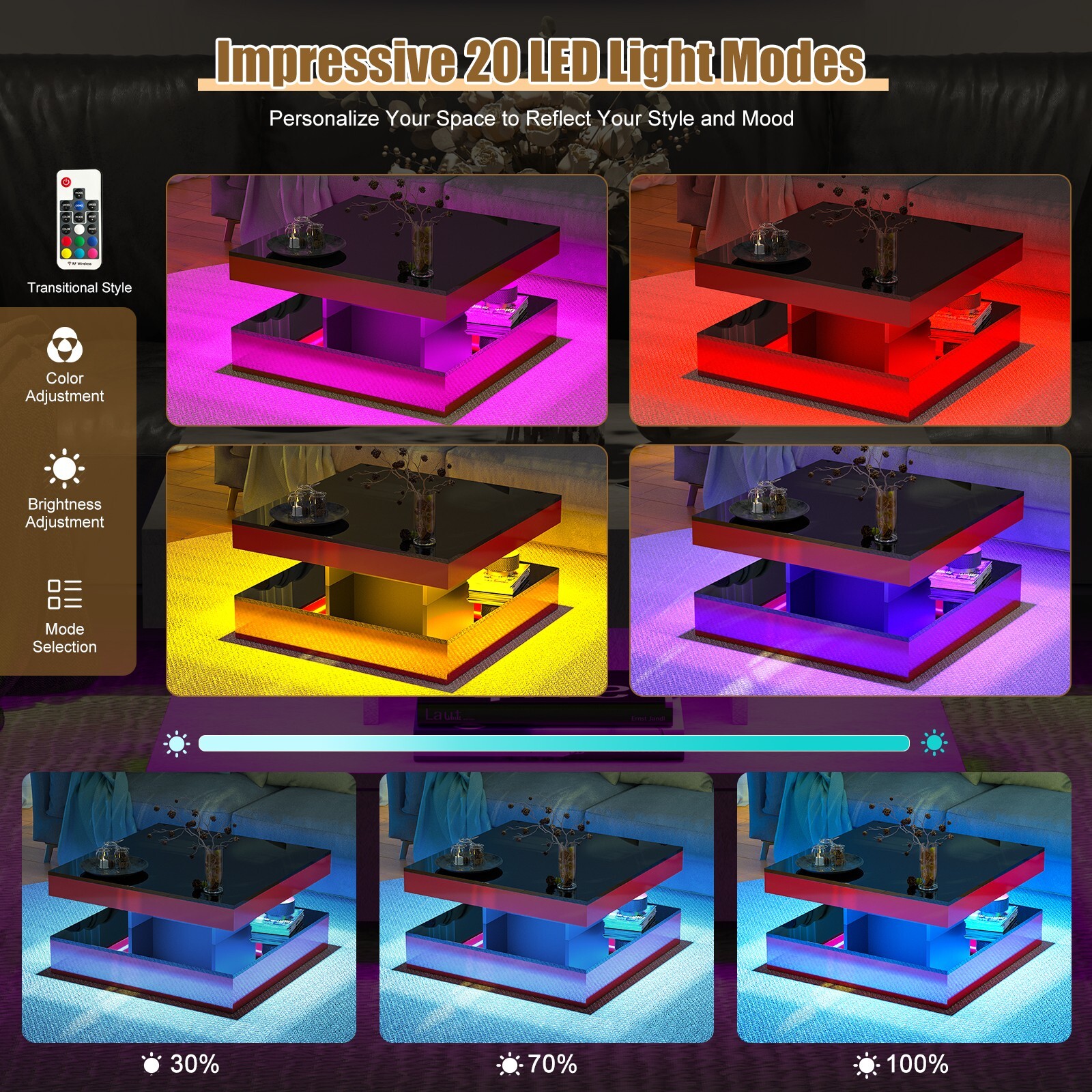 Red LED Coffee Table for Living Room 2-Tier Square Center Table Modern High Glos