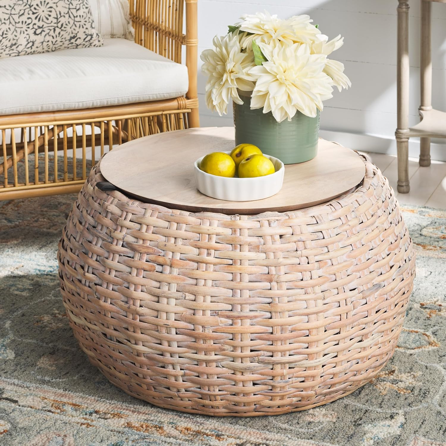 Klarysa Natural White Wash Wood & Rattan Stylish Storage Coffee Table